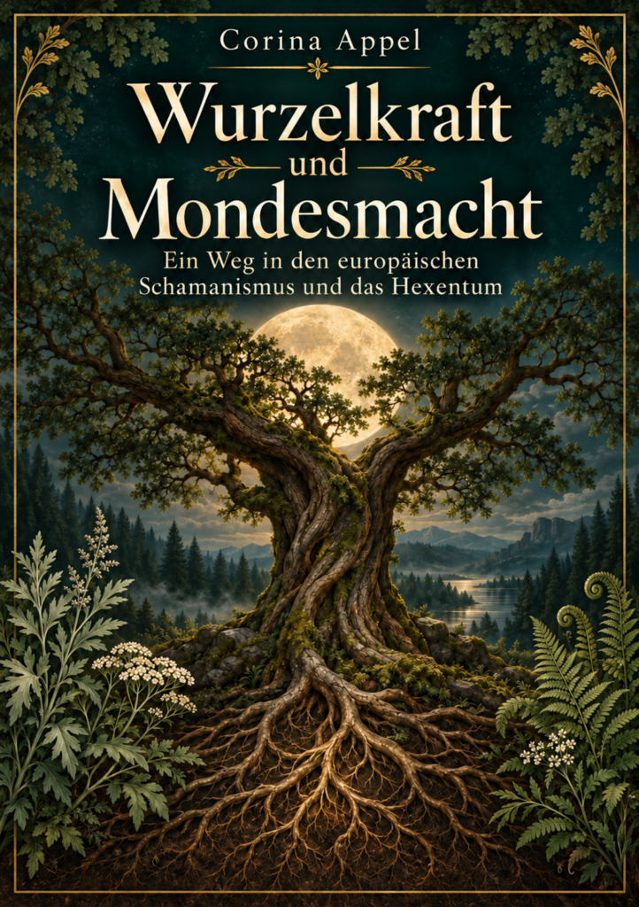 Ein großer Baum mit Blättern vor einem hellen Vollmond.